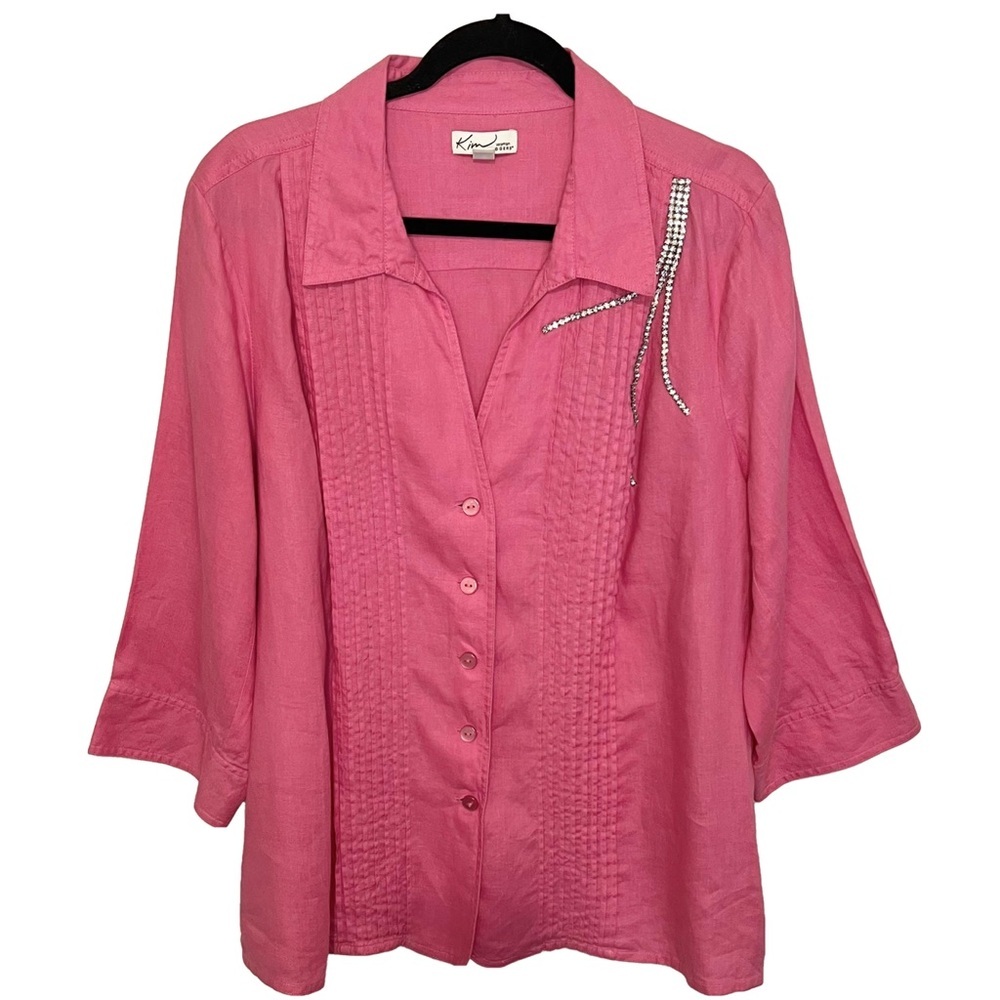 Kim Rogers 2X Button Down Collar Pleated Linen Shirt Pink Rhinestone Dia…